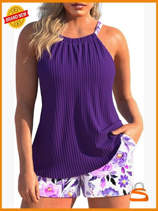 Other - Ruched Tankini Set with Board Shorts, Two Piece Swimwear, Tank Top & Shorts
